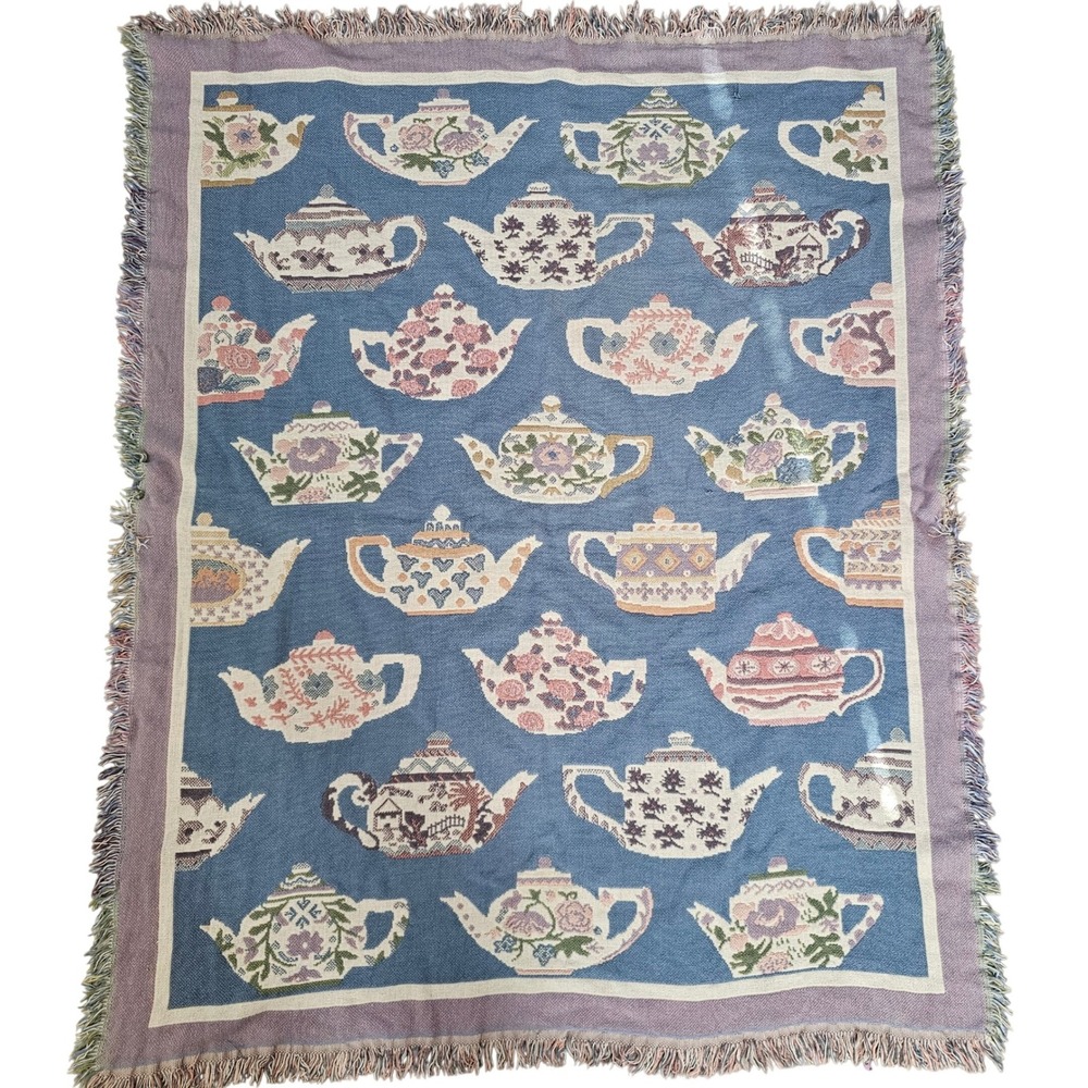 Goodwin Weavers Vintage Teapot Woven Tapestry Throw Blanket Blue Cotton USA Made